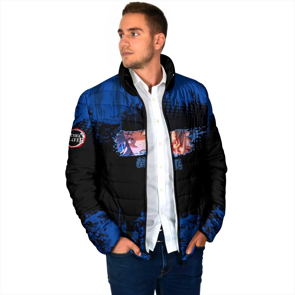 Giyu Tomioka Demon Slayer Blue Grunge Design Padded Jacket with Intense Eyes and Sword Stance - The Mazicc