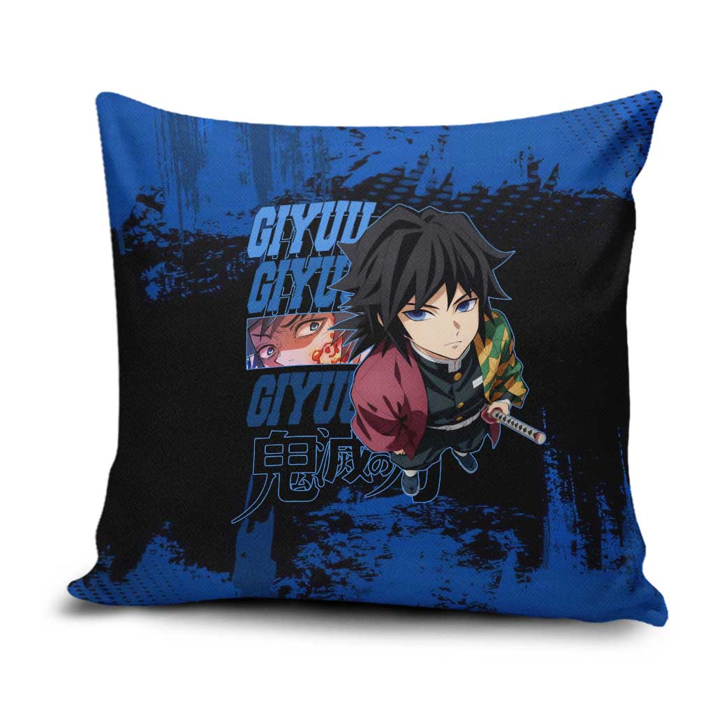 Giyu Tomioka Demon Slayer Blue Grunge Design Pillow Cover with Intense Eyes and Sword Stance - The Mazicc