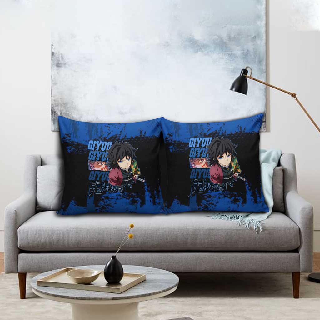 Giyu Tomioka Demon Slayer Blue Grunge Design Pillow Cover with Intense Eyes and Sword Stance - The Mazicc