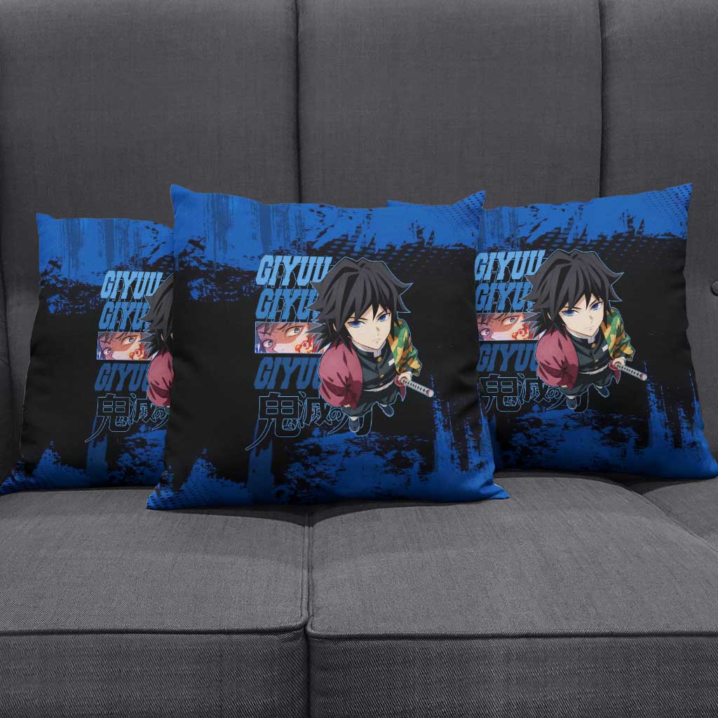 Giyu Tomioka Demon Slayer Blue Grunge Design Pillow Cover with Intense Eyes and Sword Stance - The Mazicc