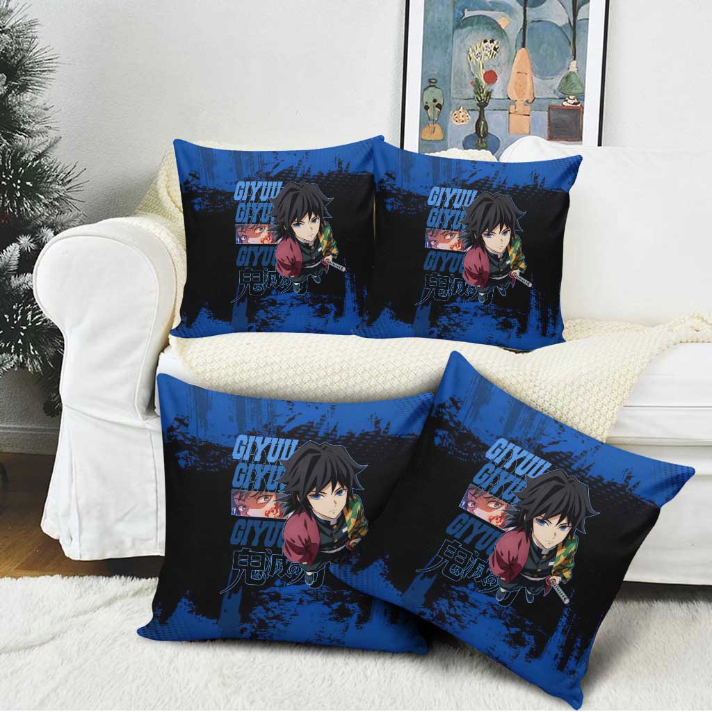 Giyu Tomioka Demon Slayer Blue Grunge Design Pillow Cover with Intense Eyes and Sword Stance - The Mazicc