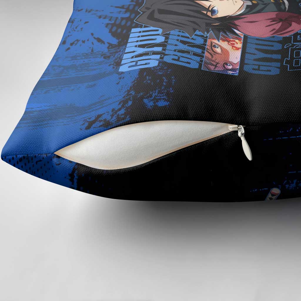 Giyu Tomioka Demon Slayer Blue Grunge Design Pillow Cover with Intense Eyes and Sword Stance - The Mazicc