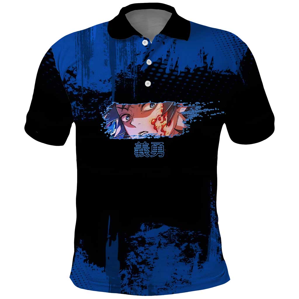 Giyu Tomioka Demon Slayer Blue Grunge Design Polo Shirt with Intense Eyes and Sword Stance - The Mazicc