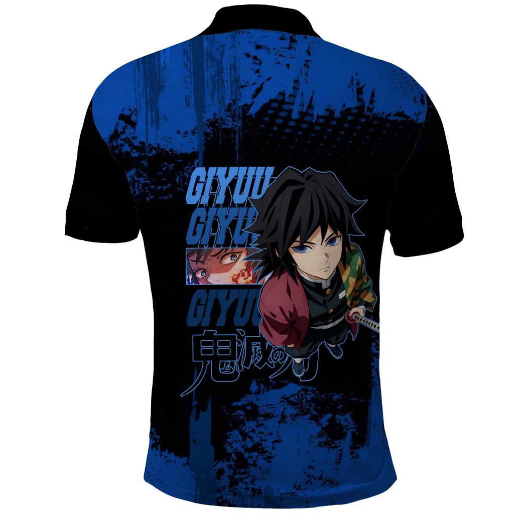 Giyu Tomioka Demon Slayer Blue Grunge Design Polo Shirt with Intense Eyes and Sword Stance - The Mazicc