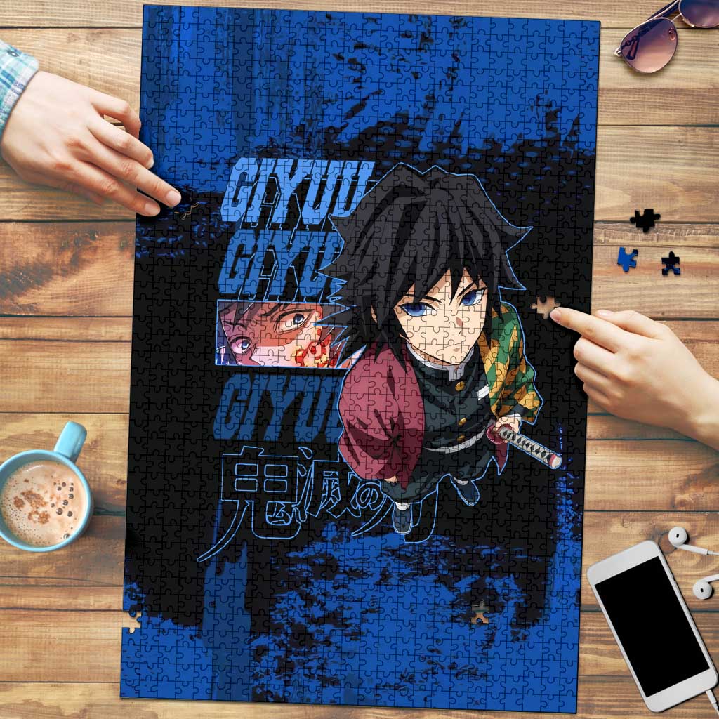 Giyu Tomioka Demon Slayer Blue Grunge Design Puzzle with Intense Eyes and Sword Stance - The Mazicc