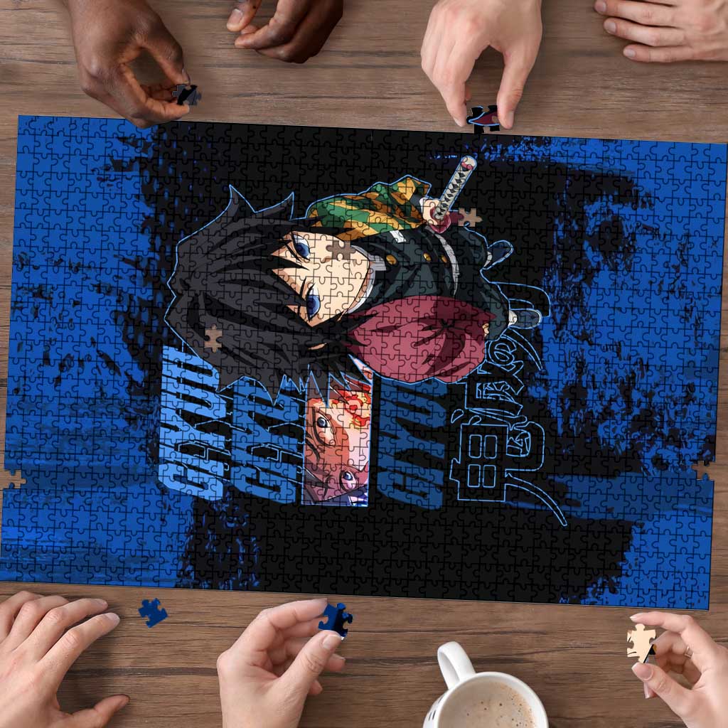 Giyu Tomioka Demon Slayer Blue Grunge Design Puzzle with Intense Eyes and Sword Stance - The Mazicc
