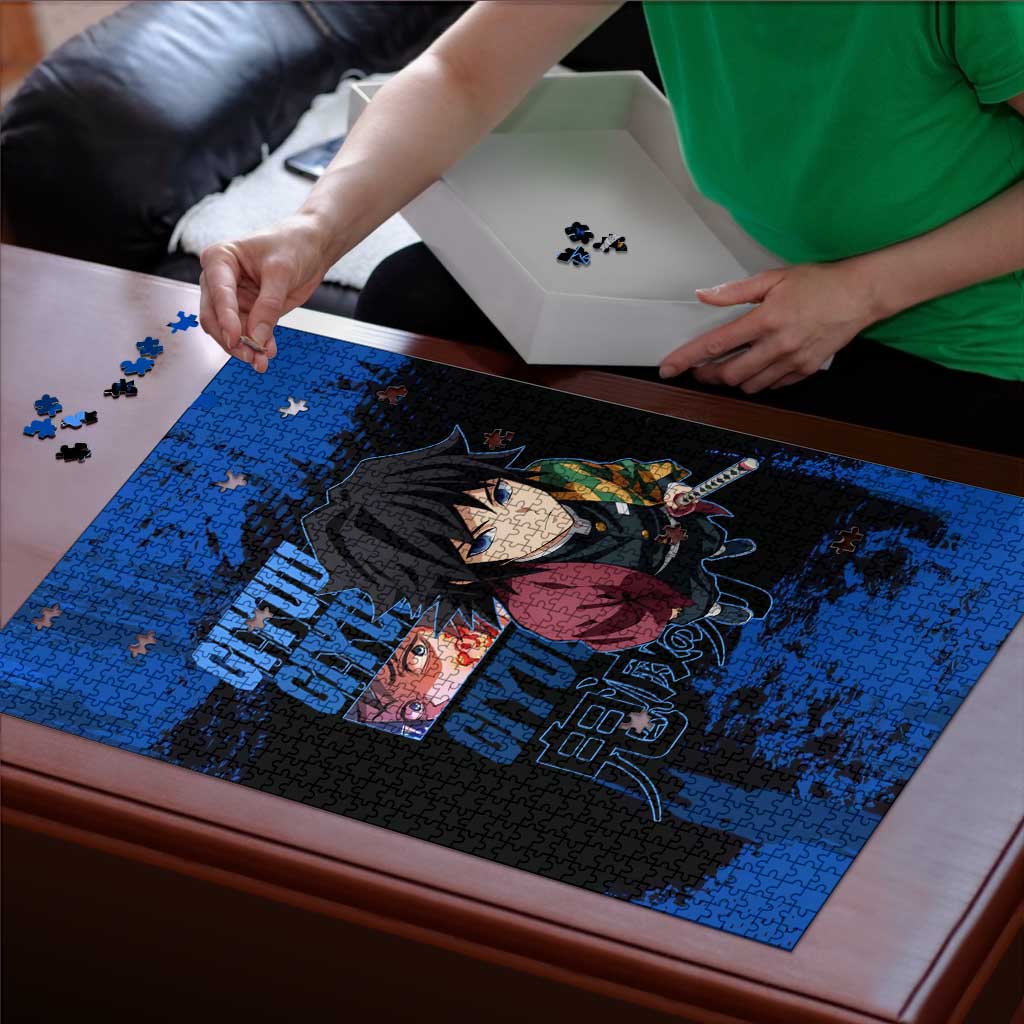 Giyu Tomioka Demon Slayer Blue Grunge Design Puzzle with Intense Eyes and Sword Stance - The Mazicc
