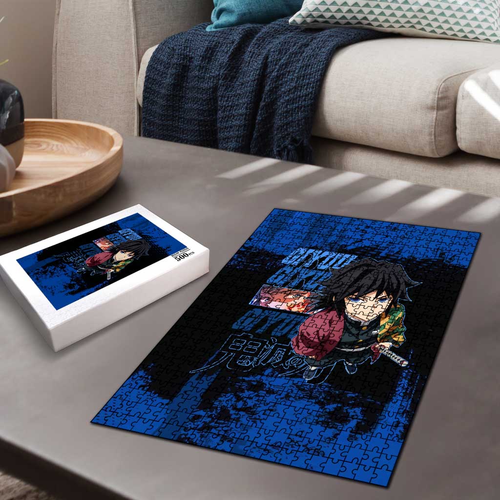 Giyu Tomioka Demon Slayer Blue Grunge Design Puzzle with Intense Eyes and Sword Stance - The Mazicc