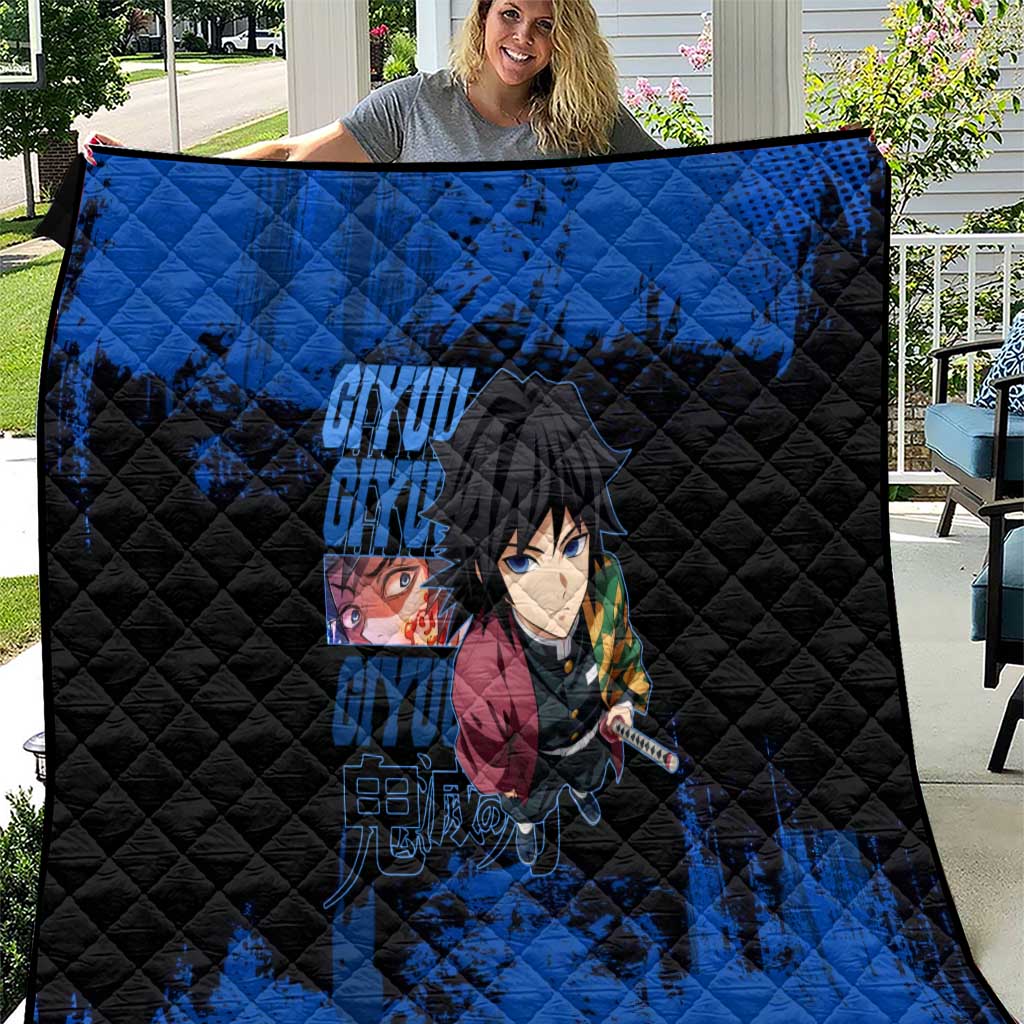 Giyu Tomioka Demon Slayer Blue Grunge Design Quilt with Intense Eyes and Sword Stance - The Mazicc