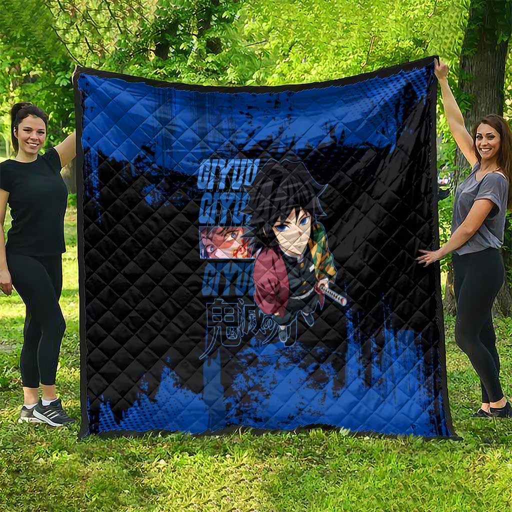 Giyu Tomioka Demon Slayer Blue Grunge Design Quilt with Intense Eyes and Sword Stance - The Mazicc
