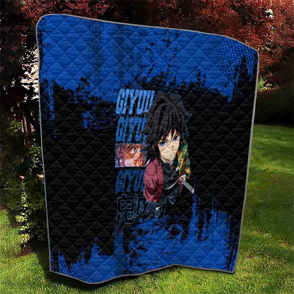 Giyu Tomioka Demon Slayer Blue Grunge Design Quilt with Intense Eyes and Sword Stance - The Mazicc