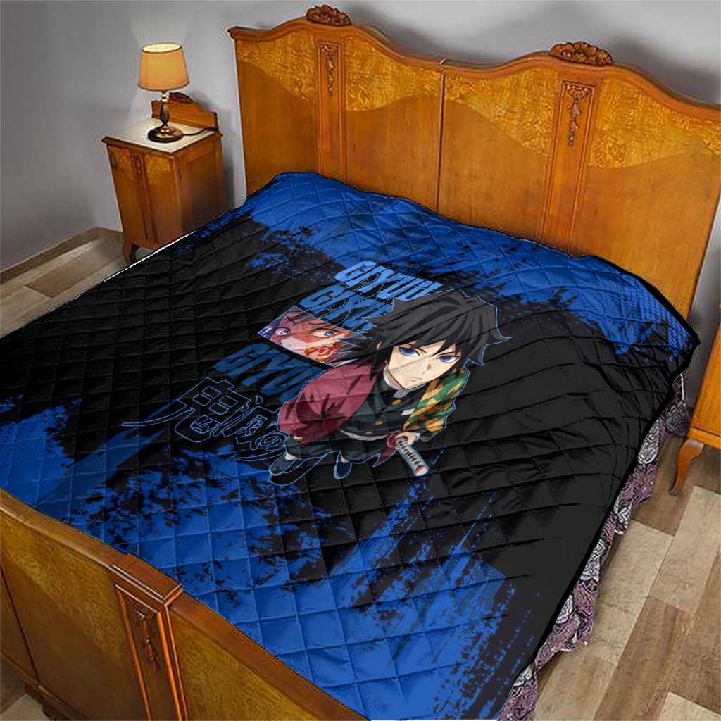 Giyu Tomioka Demon Slayer Blue Grunge Design Quilt with Intense Eyes and Sword Stance - The Mazicc