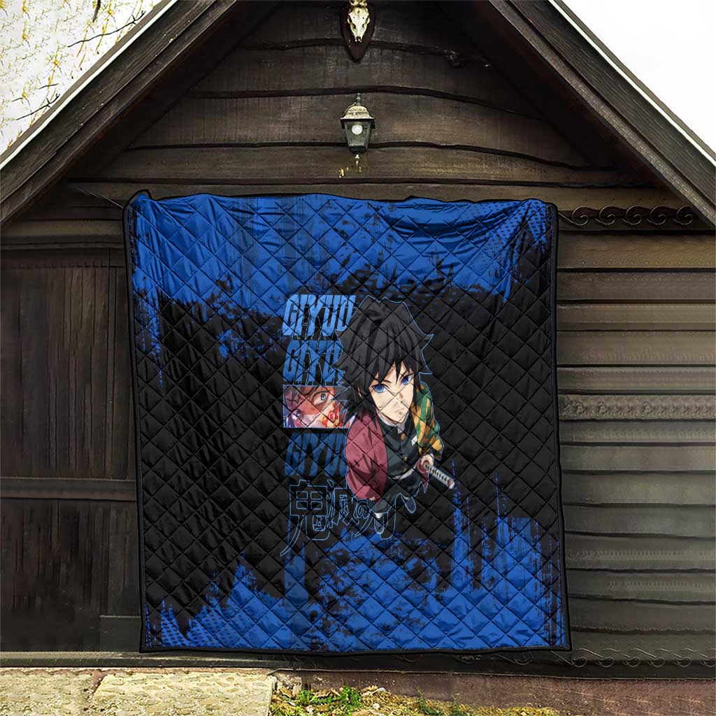 Giyu Tomioka Demon Slayer Blue Grunge Design Quilt with Intense Eyes and Sword Stance - The Mazicc