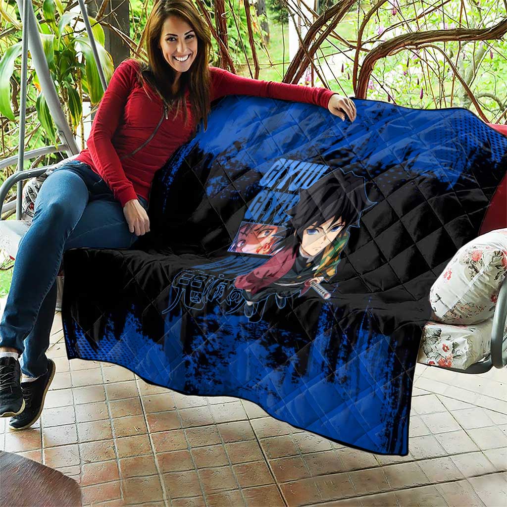 Giyu Tomioka Demon Slayer Blue Grunge Design Quilt with Intense Eyes and Sword Stance - The Mazicc