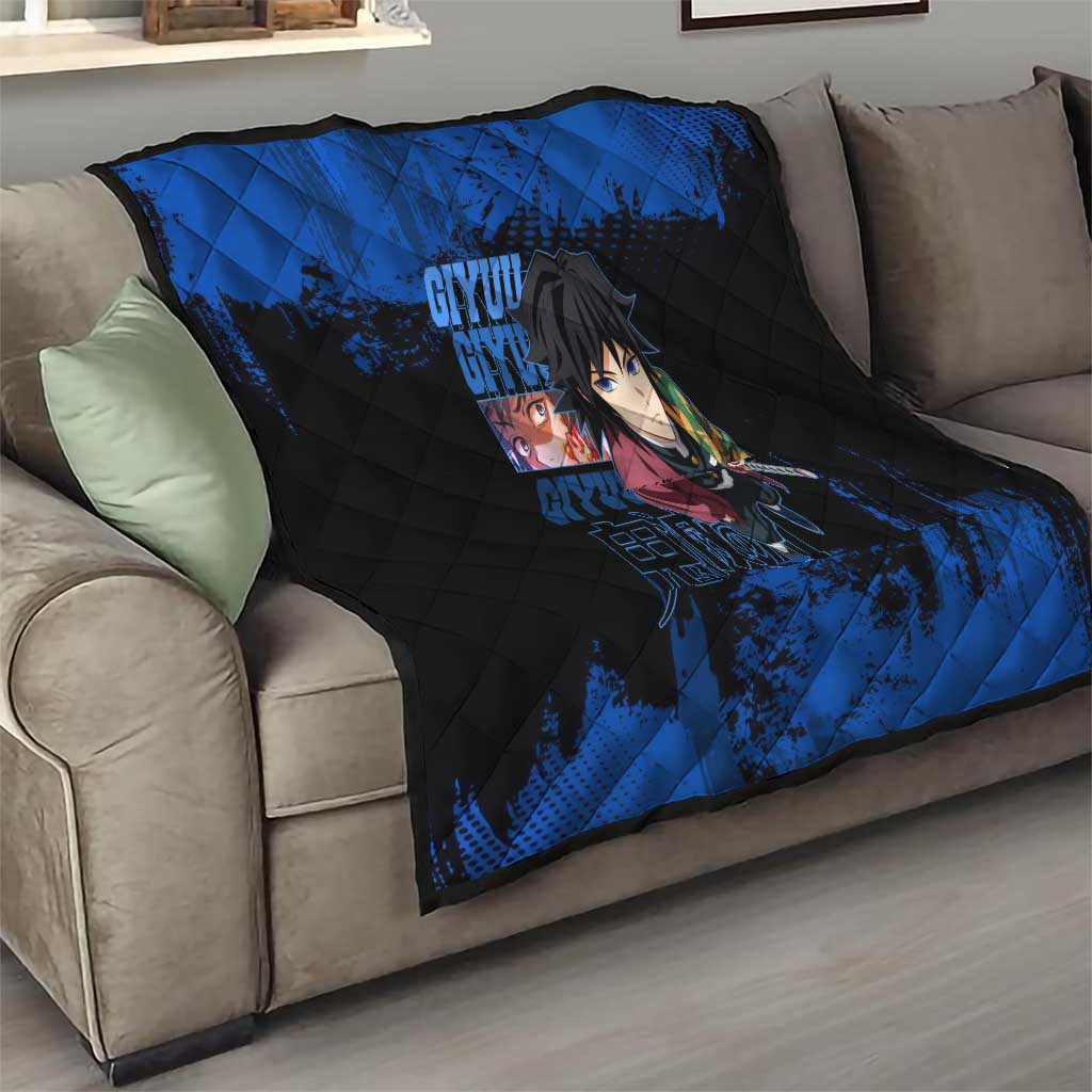 Giyu Tomioka Demon Slayer Blue Grunge Design Quilt with Intense Eyes and Sword Stance - The Mazicc