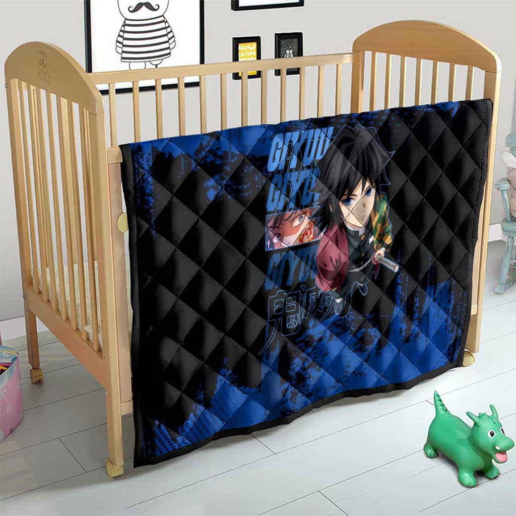Giyu Tomioka Demon Slayer Blue Grunge Design Quilt with Intense Eyes and Sword Stance - The Mazicc
