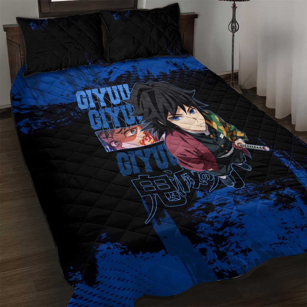 Giyu Tomioka Demon Slayer Blue Grunge Design Quilt Bed Set with Intense Eyes and Sword Stance - The Mazicc