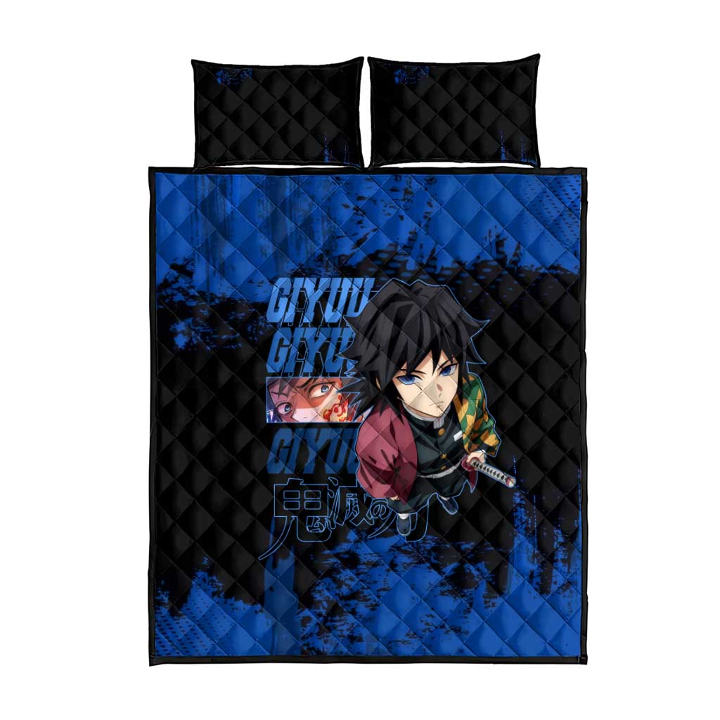 Giyu Tomioka Demon Slayer Blue Grunge Design Quilt Bed Set with Intense Eyes and Sword Stance - The Mazicc