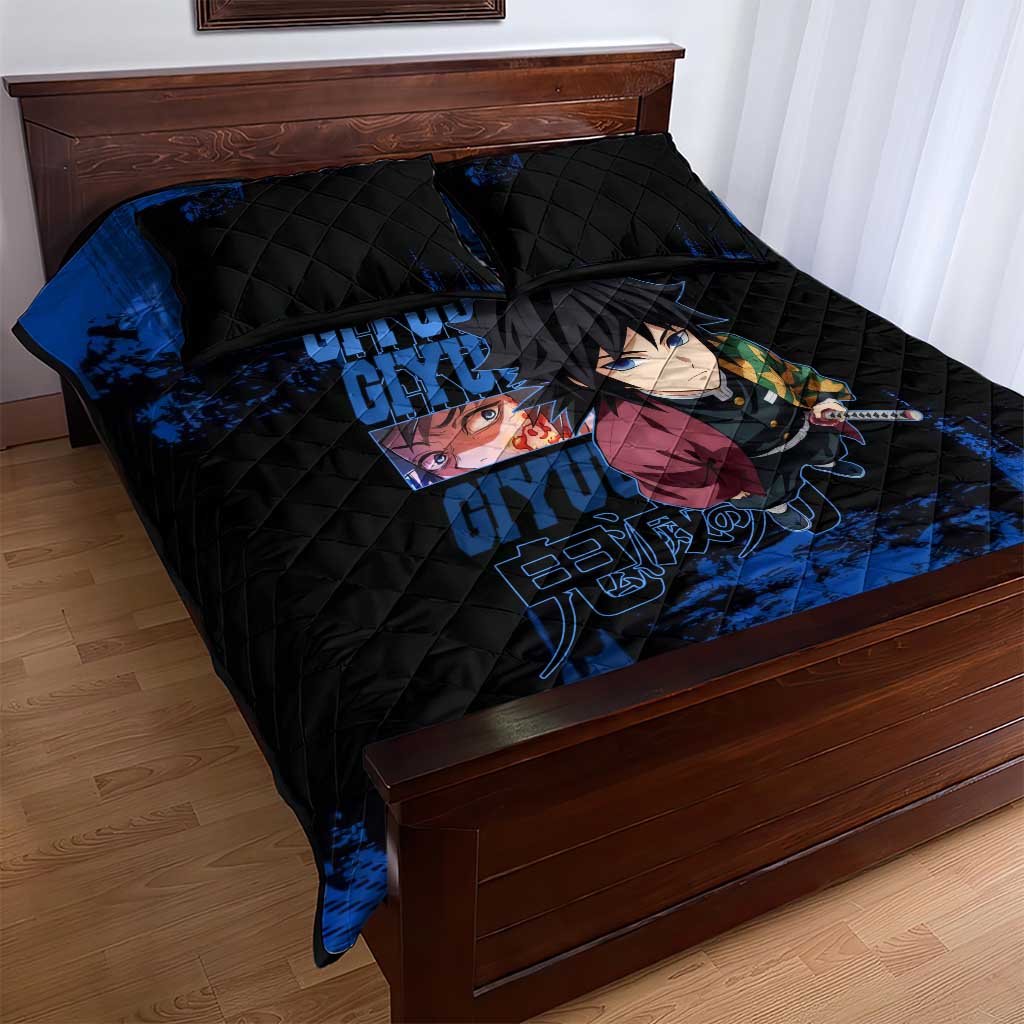 Giyu Tomioka Demon Slayer Blue Grunge Design Quilt Bed Set with Intense Eyes and Sword Stance - The Mazicc