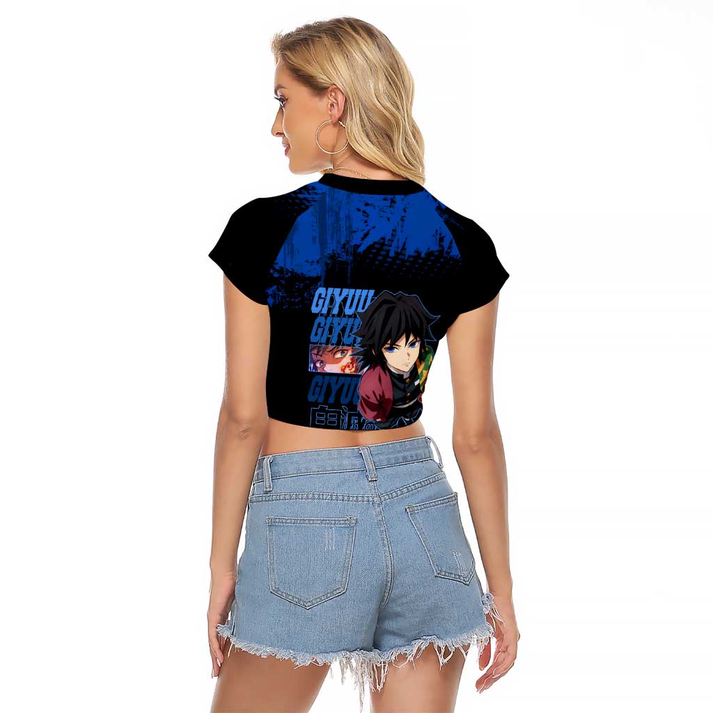 Giyu Tomioka Demon Slayer Blue Grunge Design Raglan Cropped T Shirt with Intense Eyes and Sword Stance - The Mazicc
