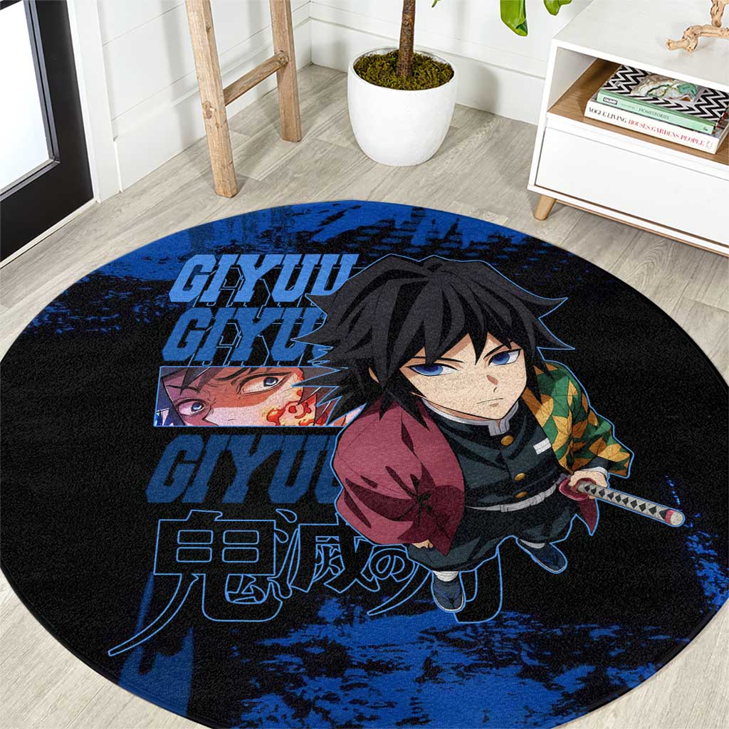 Giyu Tomioka Demon Slayer Blue Grunge Design Round Carpet with Intense Eyes and Sword Stance - The Mazicc