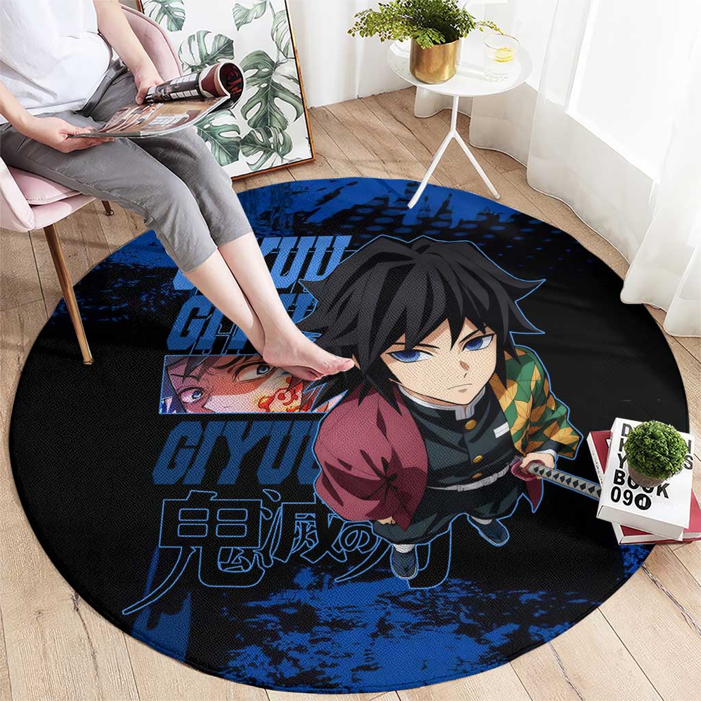 Giyu Tomioka Demon Slayer Blue Grunge Design Round Carpet with Intense Eyes and Sword Stance - The Mazicc