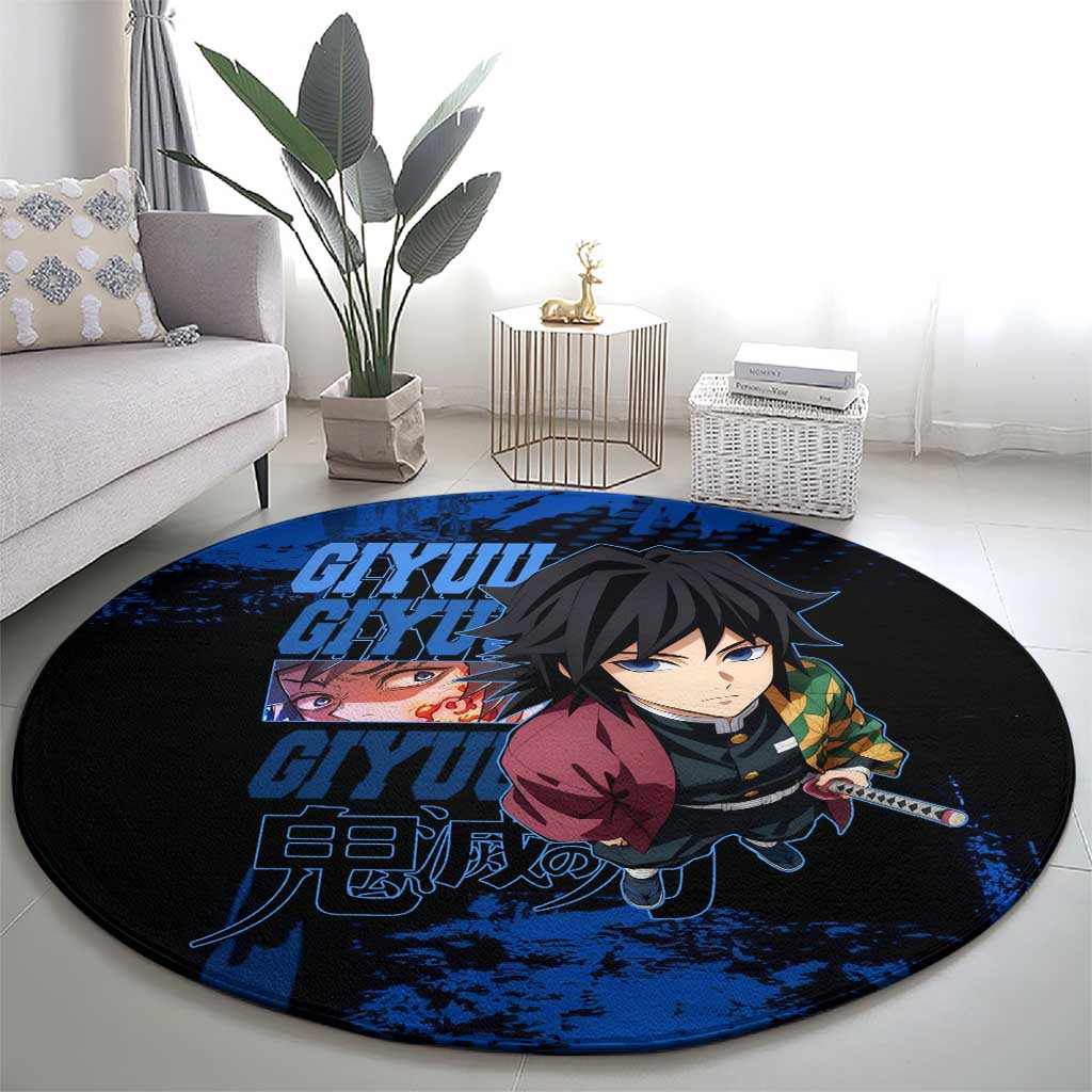 Giyu Tomioka Demon Slayer Blue Grunge Design Round Carpet with Intense Eyes and Sword Stance - The Mazicc
