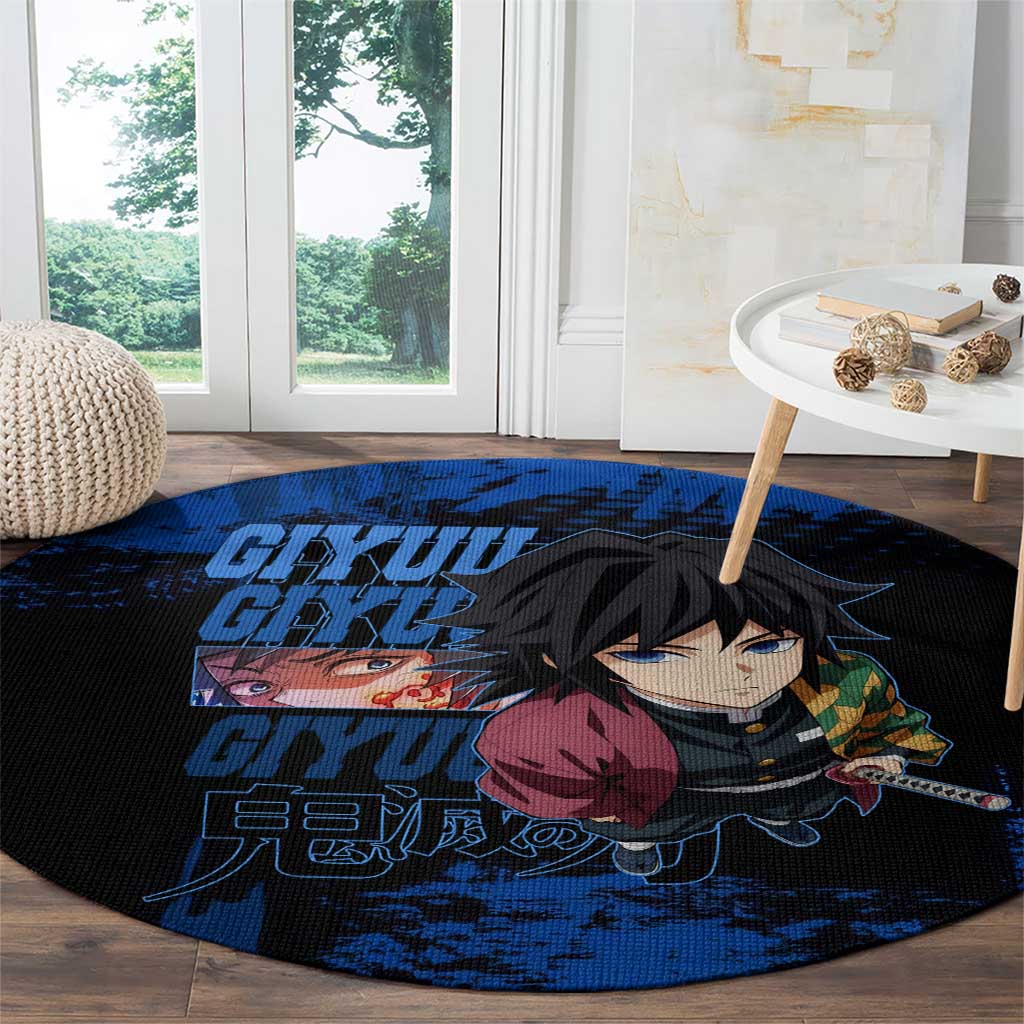 Giyu Tomioka Demon Slayer Blue Grunge Design Round Carpet with Intense Eyes and Sword Stance - The Mazicc