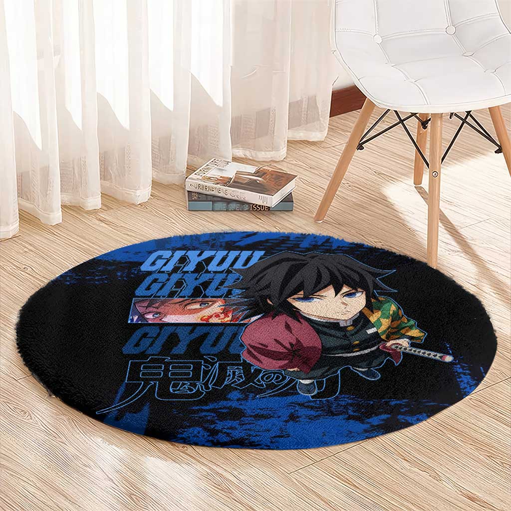 Giyu Tomioka Demon Slayer Blue Grunge Design Round Carpet with Intense Eyes and Sword Stance - The Mazicc
