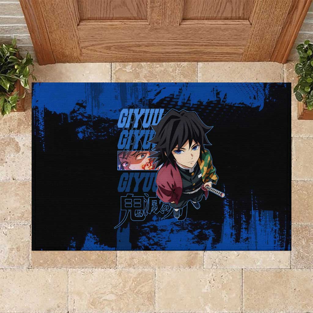 Giyu Tomioka Demon Slayer Blue Grunge Design Rubber Doormat with Intense Eyes and Sword Stance - The Mazicc