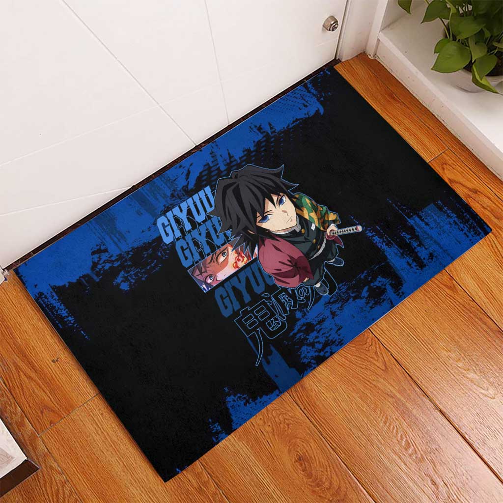 Giyu Tomioka Demon Slayer Blue Grunge Design Rubber Doormat with Intense Eyes and Sword Stance - The Mazicc