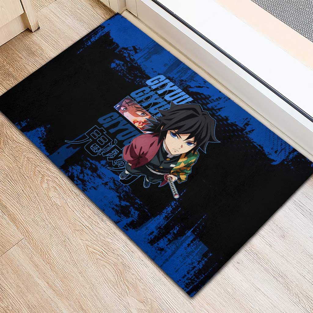 Giyu Tomioka Demon Slayer Blue Grunge Design Rubber Doormat with Intense Eyes and Sword Stance - The Mazicc