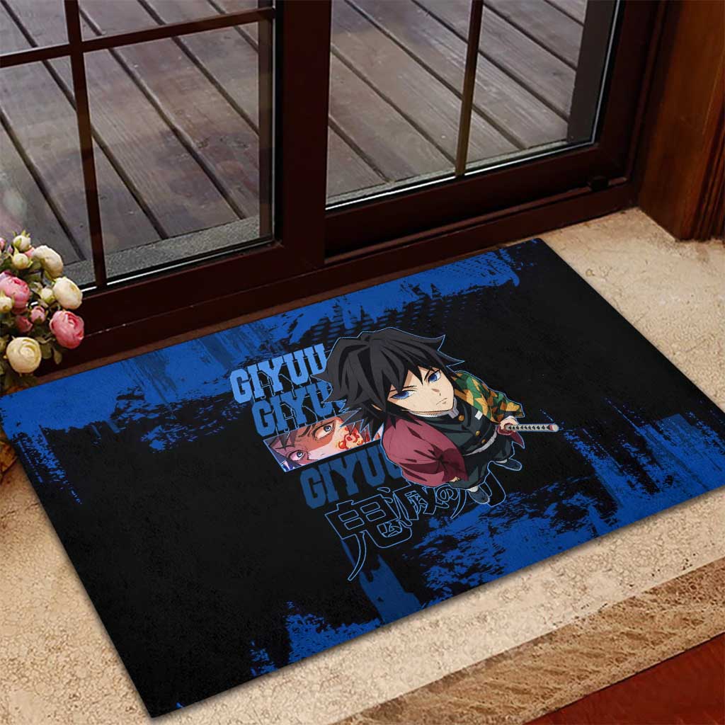 Giyu Tomioka Demon Slayer Blue Grunge Design Rubber Doormat with Intense Eyes and Sword Stance - The Mazicc