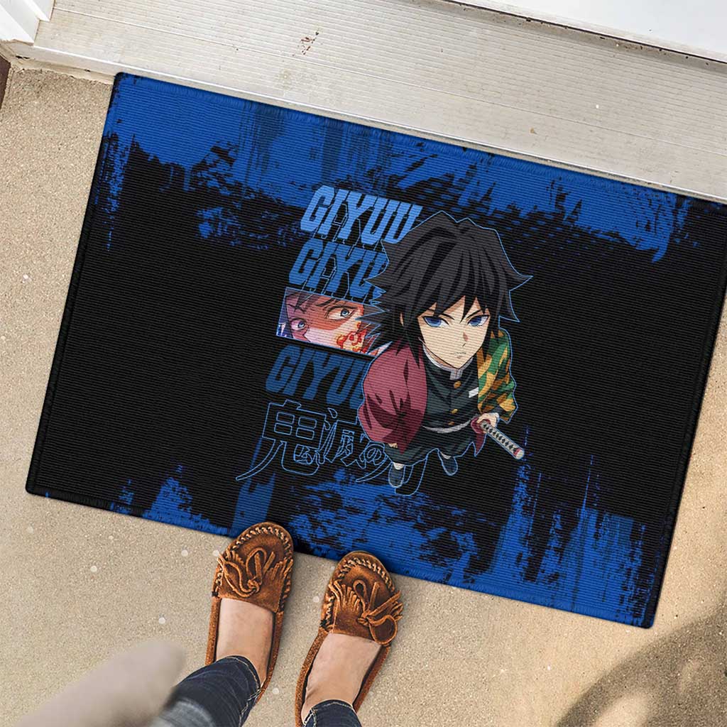 Giyu Tomioka Demon Slayer Blue Grunge Design Rubber Doormat with Intense Eyes and Sword Stance - The Mazicc