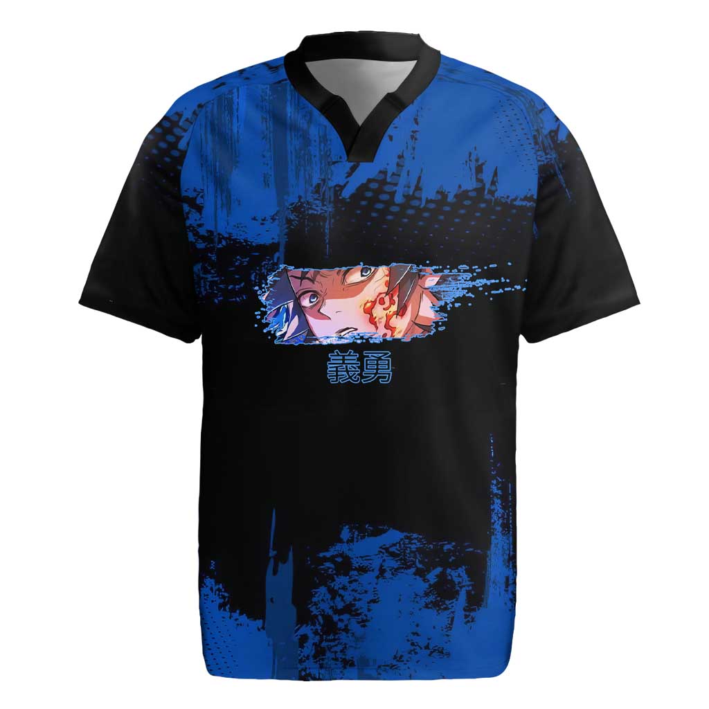 Giyu Tomioka Demon Slayer Blue Grunge Design Rugby Jersey with Intense Eyes and Sword Stance - The Mazicc