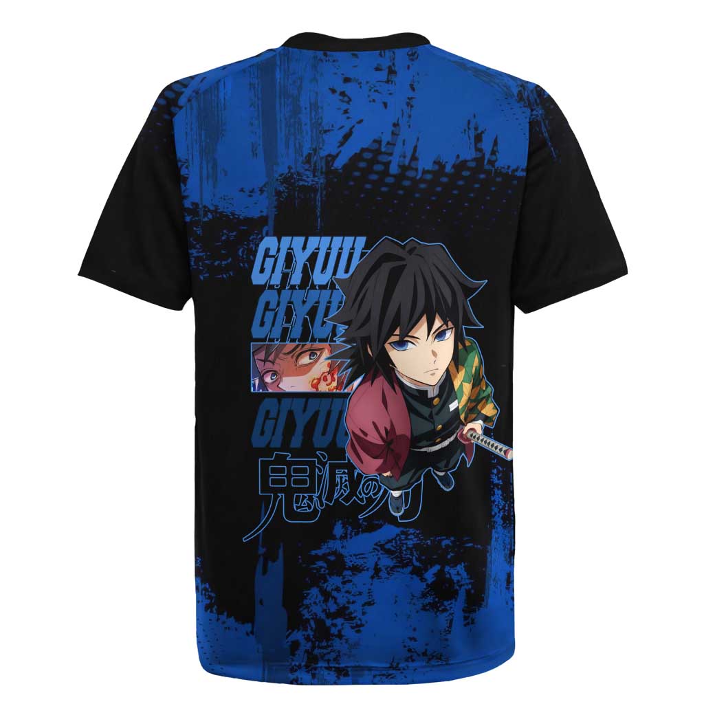Giyu Tomioka Demon Slayer Blue Grunge Design Rugby Jersey with Intense Eyes and Sword Stance - The Mazicc
