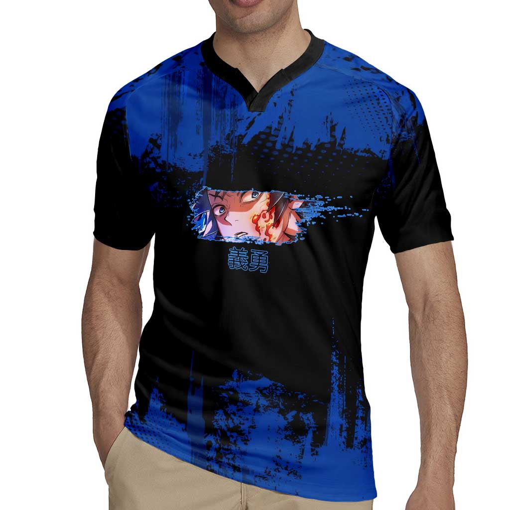 Giyu Tomioka Demon Slayer Blue Grunge Design Rugby Jersey with Intense Eyes and Sword Stance - The Mazicc