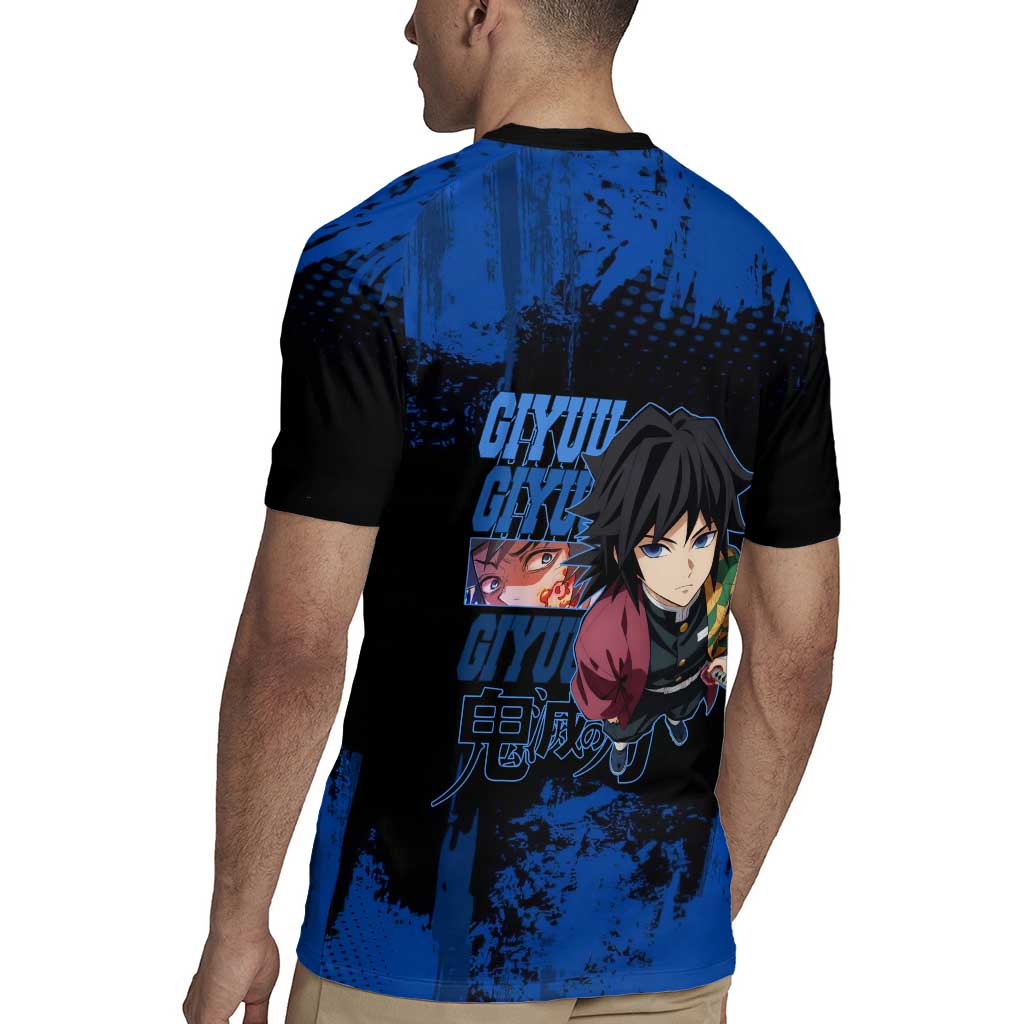 Giyu Tomioka Demon Slayer Blue Grunge Design Rugby Jersey with Intense Eyes and Sword Stance - The Mazicc