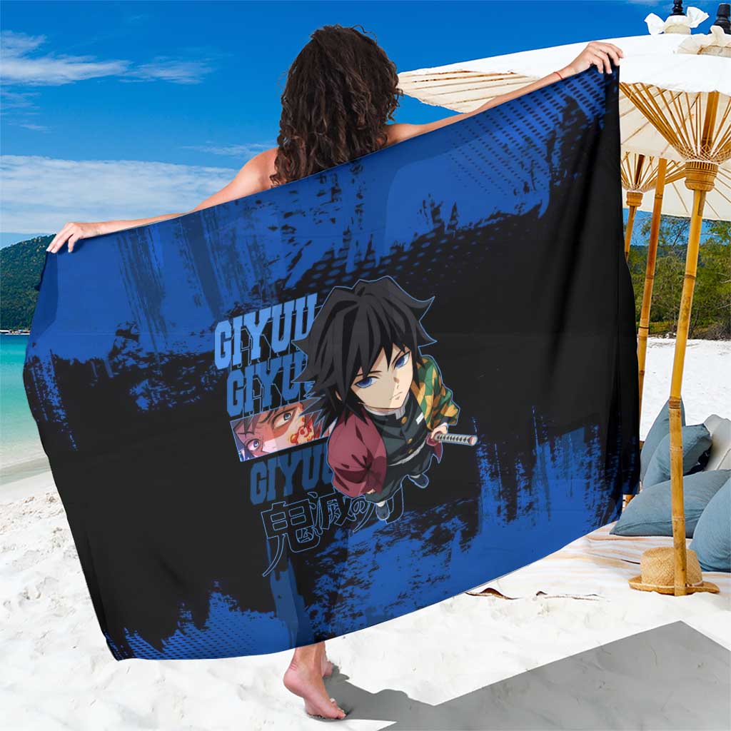 Giyu Tomioka Demon Slayer Blue Grunge Design Sarong with Intense Eyes and Sword Stance - The Mazicc