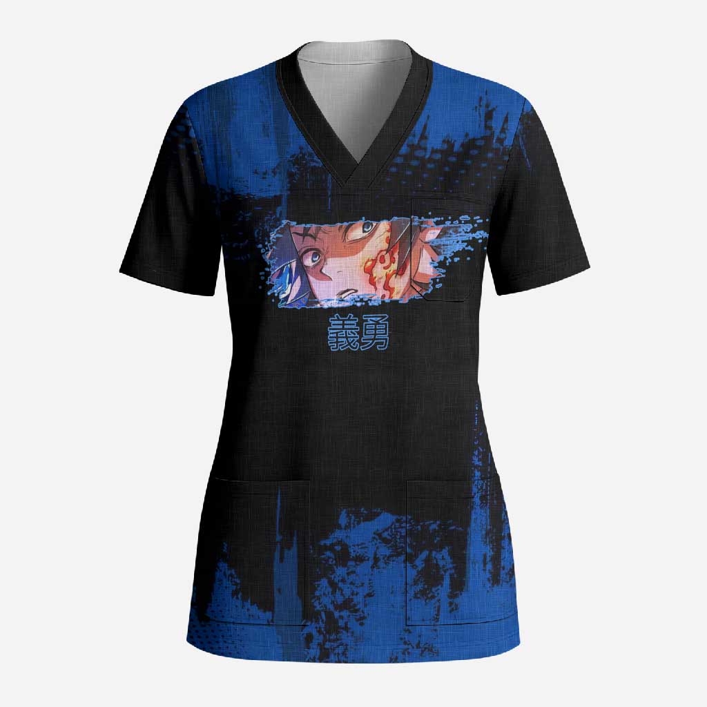 Giyu Tomioka Demon Slayer Blue Grunge Design Scrub Top with Intense Eyes and Sword Stance - The Mazicc