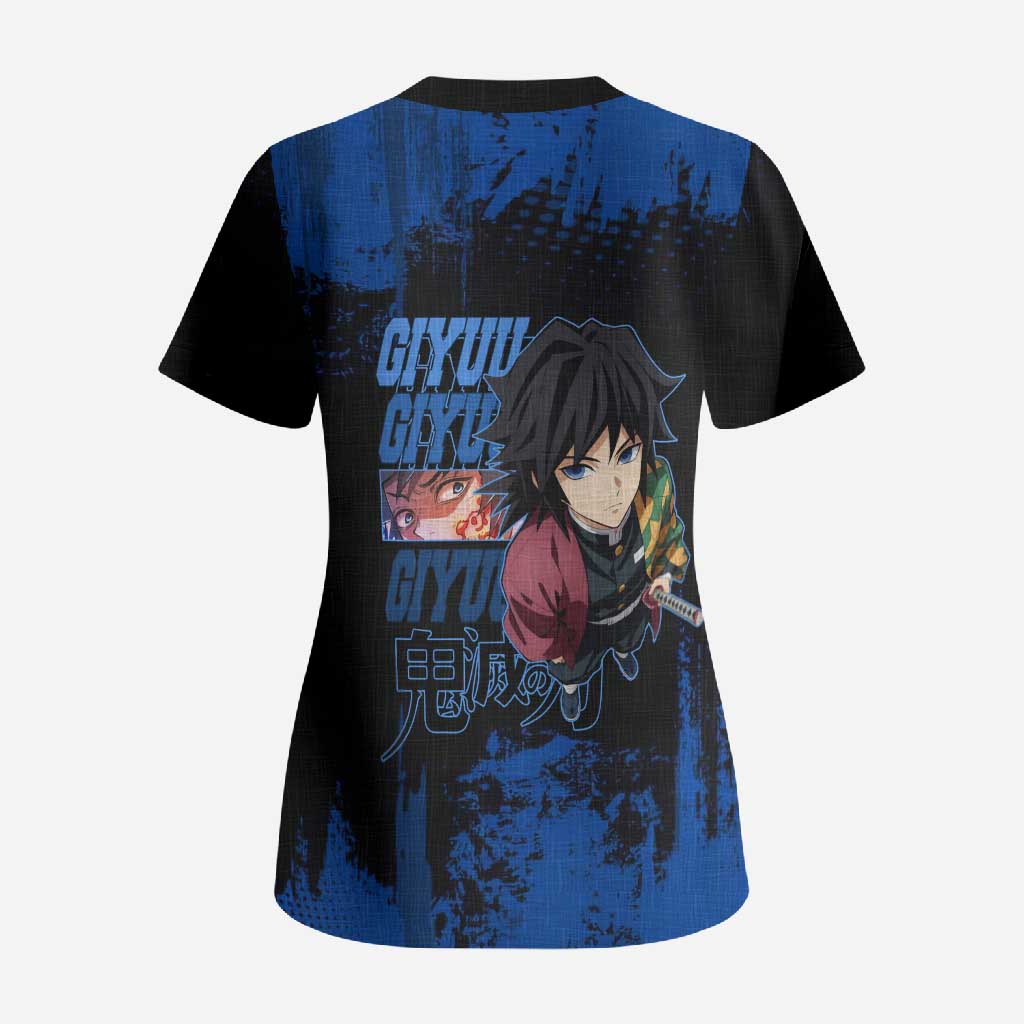 Giyu Tomioka Demon Slayer Blue Grunge Design Scrub Top with Intense Eyes and Sword Stance - The Mazicc
