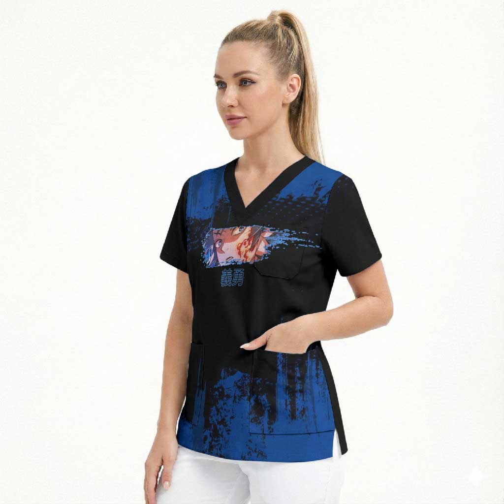 Giyu Tomioka Demon Slayer Blue Grunge Design Scrub Top with Intense Eyes and Sword Stance - The Mazicc