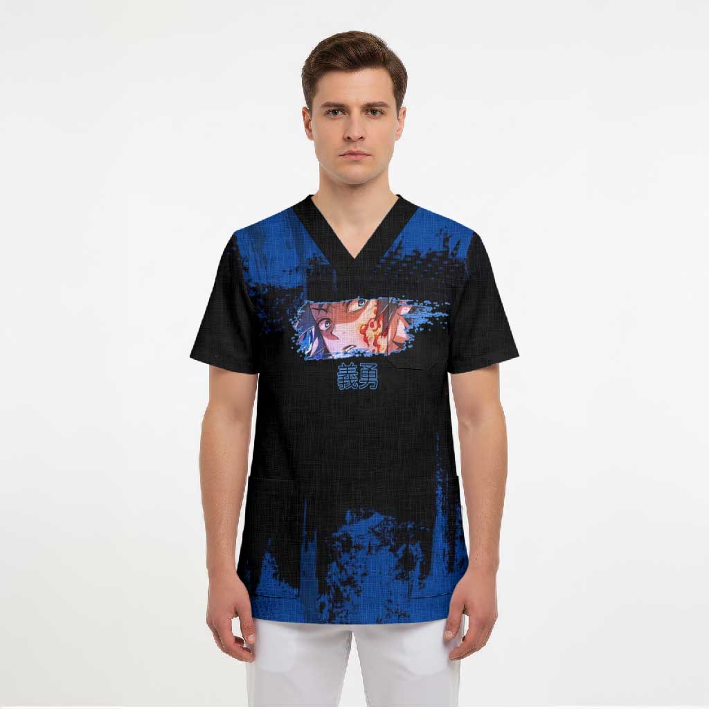 Giyu Tomioka Demon Slayer Blue Grunge Design Scrub Top with Intense Eyes and Sword Stance - The Mazicc