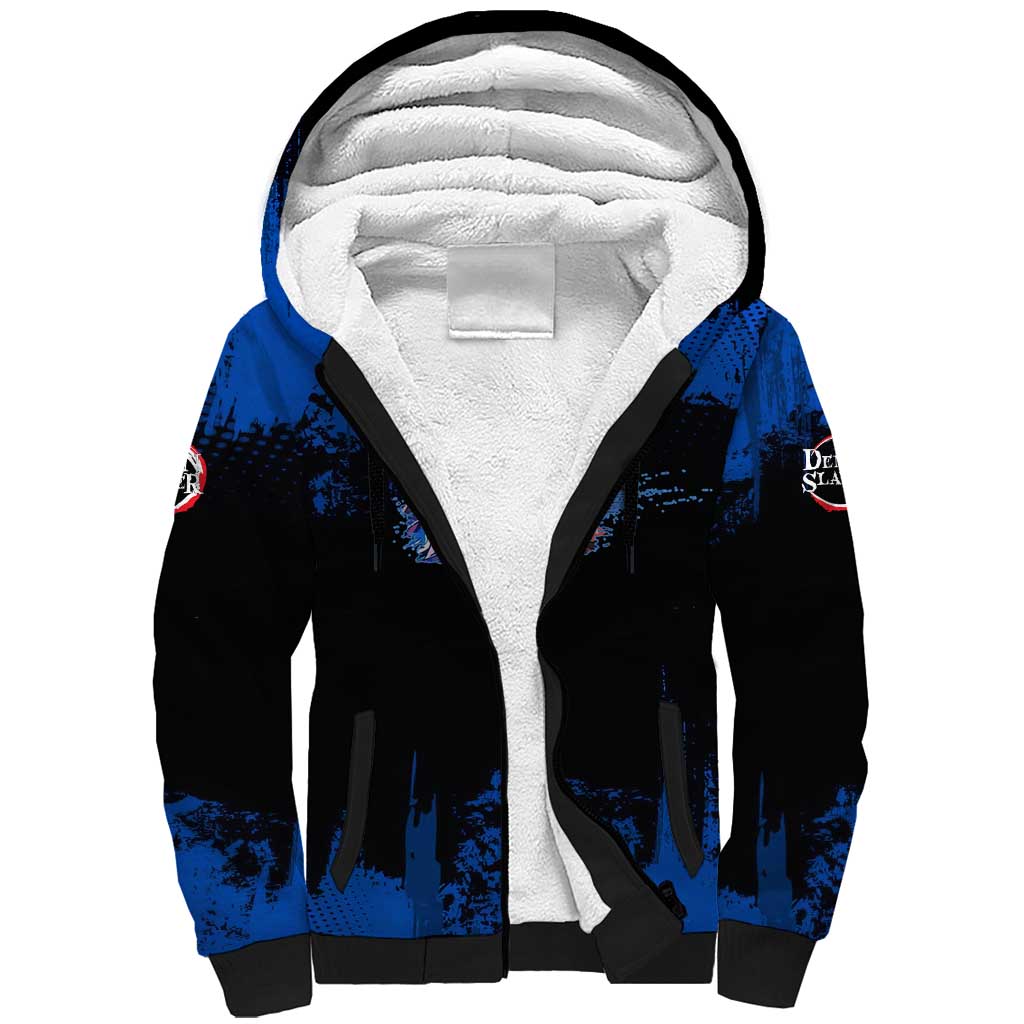 Giyu Tomioka Demon Slayer Blue Grunge Design Sherpa Hoodie with Intense Eyes and Sword Stance - The Mazicc