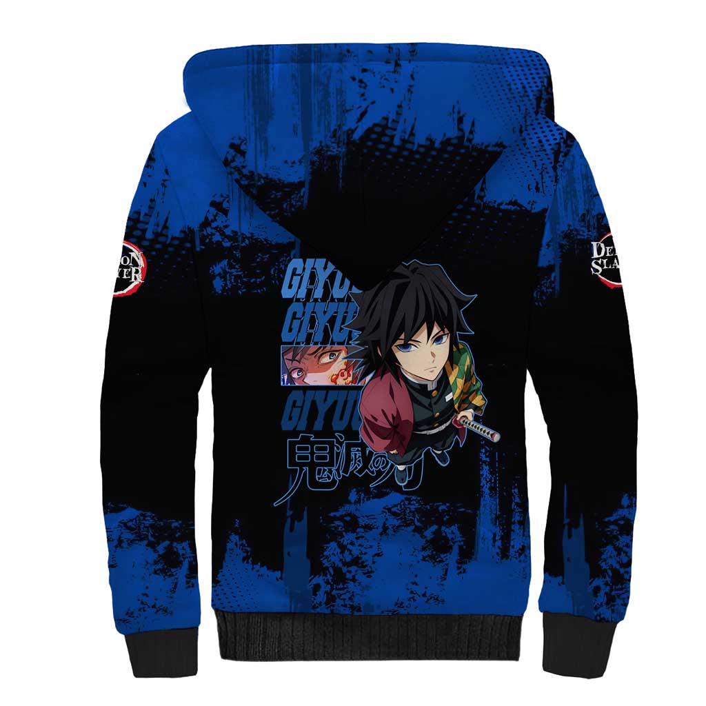 Giyu Tomioka Demon Slayer Blue Grunge Design Sherpa Hoodie with Intense Eyes and Sword Stance - The Mazicc