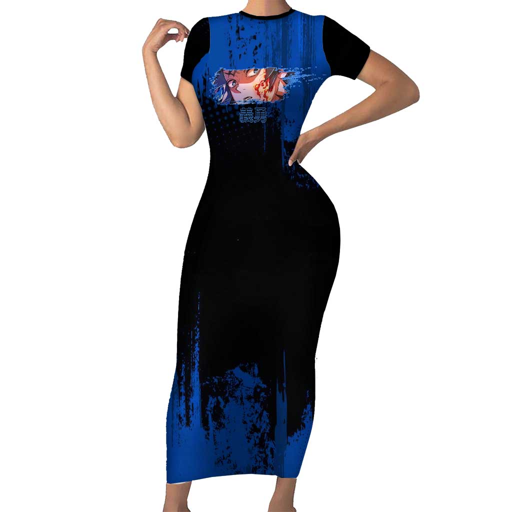 Giyu Tomioka Demon Slayer Blue Grunge Design Short Sleeve Bodycon Dress with Intense Eyes and Sword Stance - The Mazicc