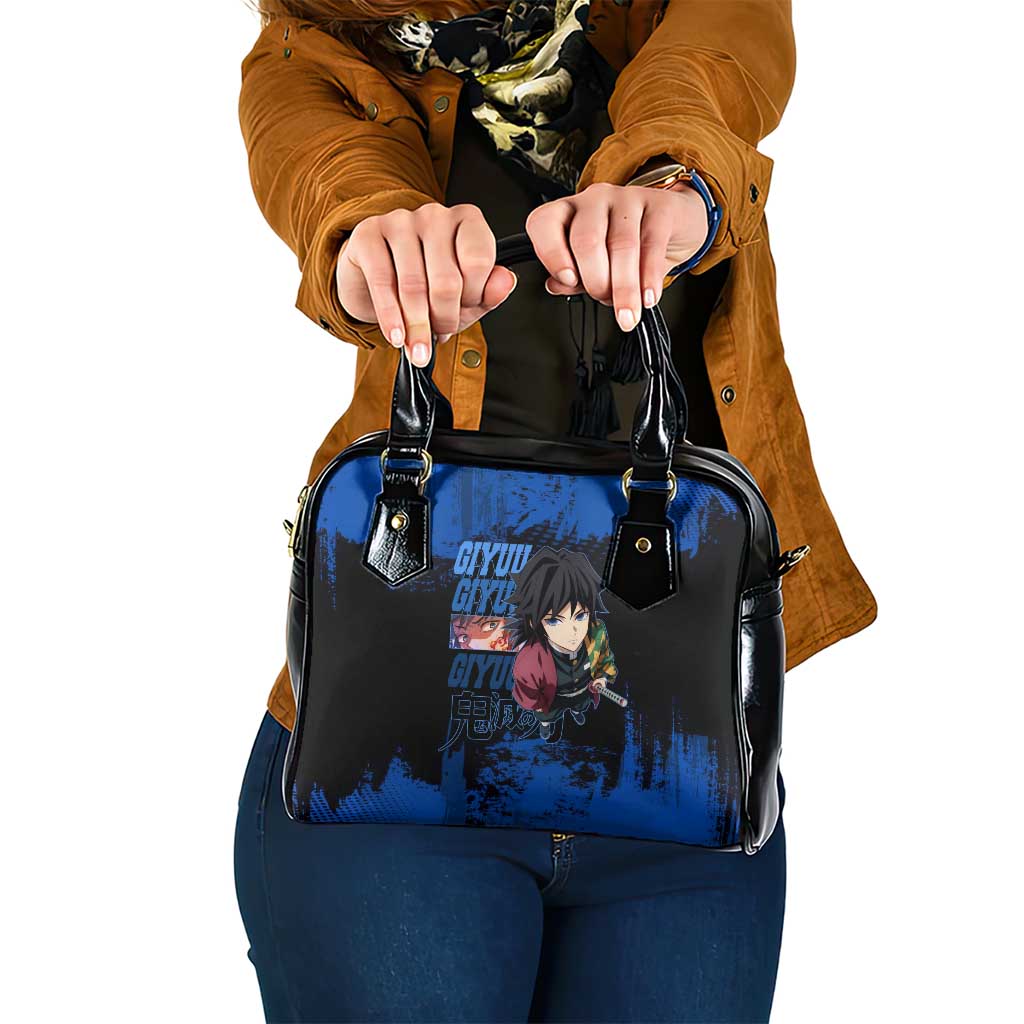 Giyu Tomioka Demon Slayer Blue Grunge Design Shoulder Handbag with Intense Eyes and Sword Stance - The Mazicc