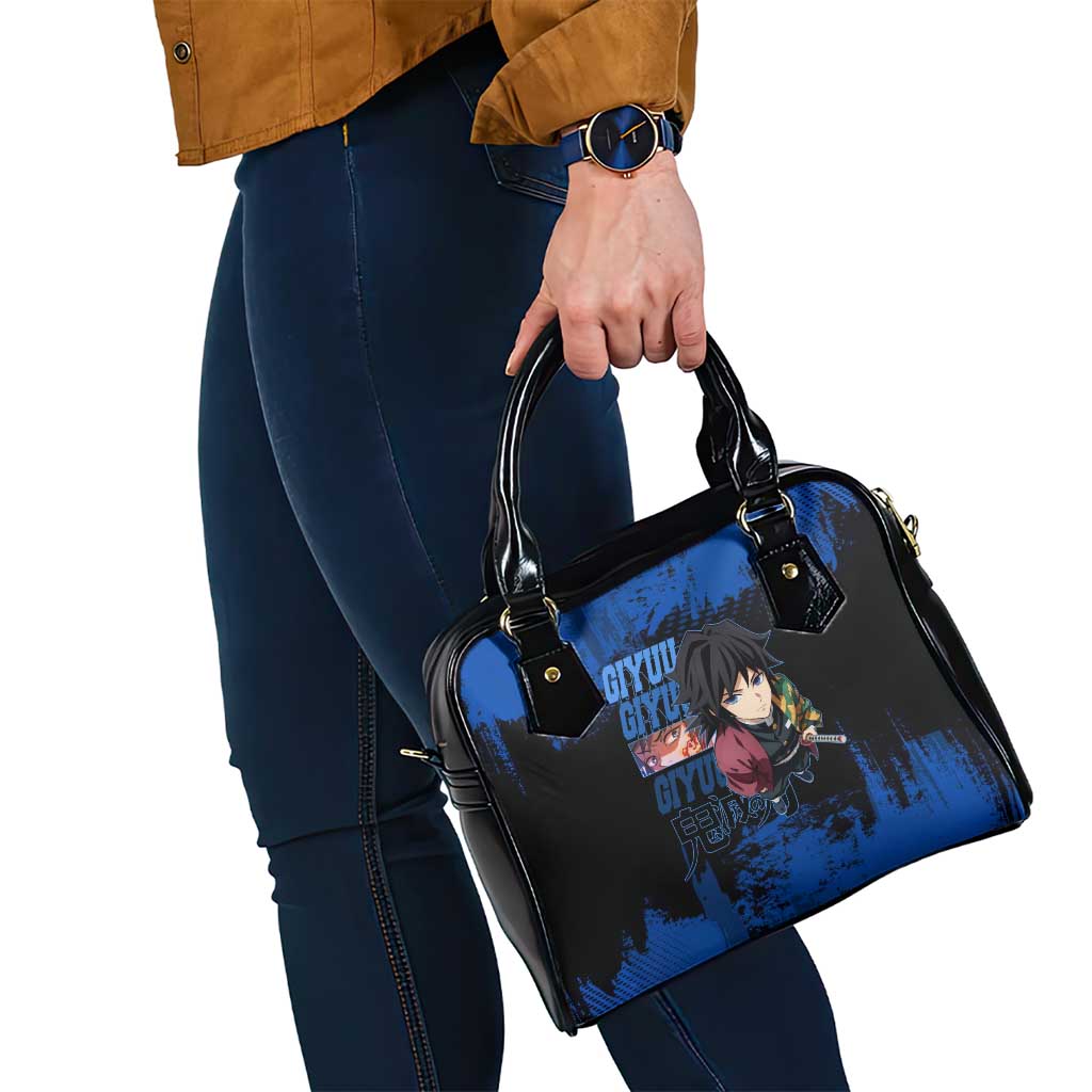 Giyu Tomioka Demon Slayer Blue Grunge Design Shoulder Handbag with Intense Eyes and Sword Stance - The Mazicc