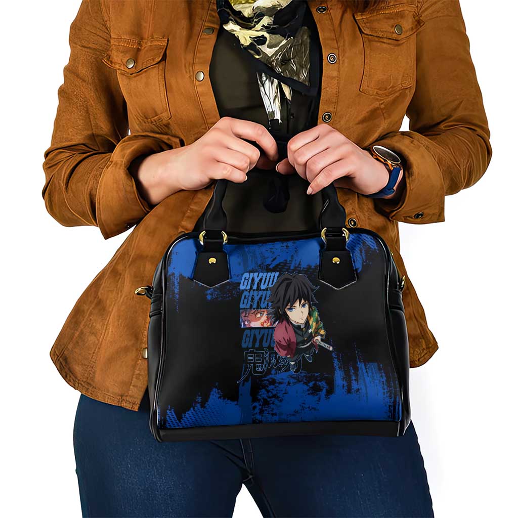 Giyu Tomioka Demon Slayer Blue Grunge Design Shoulder Handbag with Intense Eyes and Sword Stance - The Mazicc