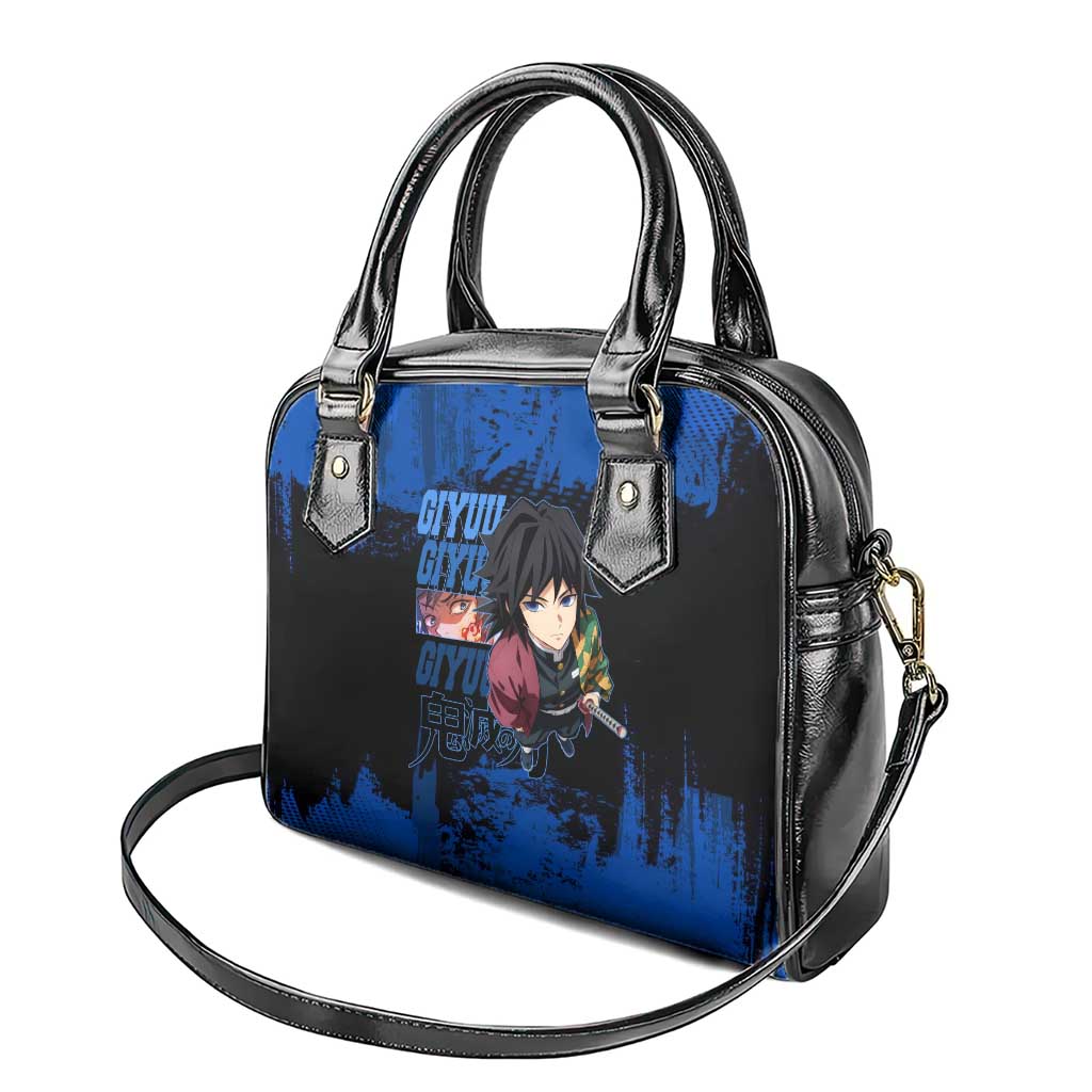 Giyu Tomioka Demon Slayer Blue Grunge Design Shoulder Handbag with Intense Eyes and Sword Stance - The Mazicc